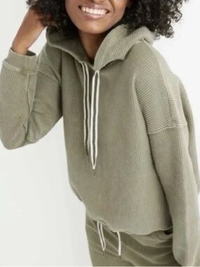 aerie Olive Green Ribbed Hoodie with Contrast Drawstrings